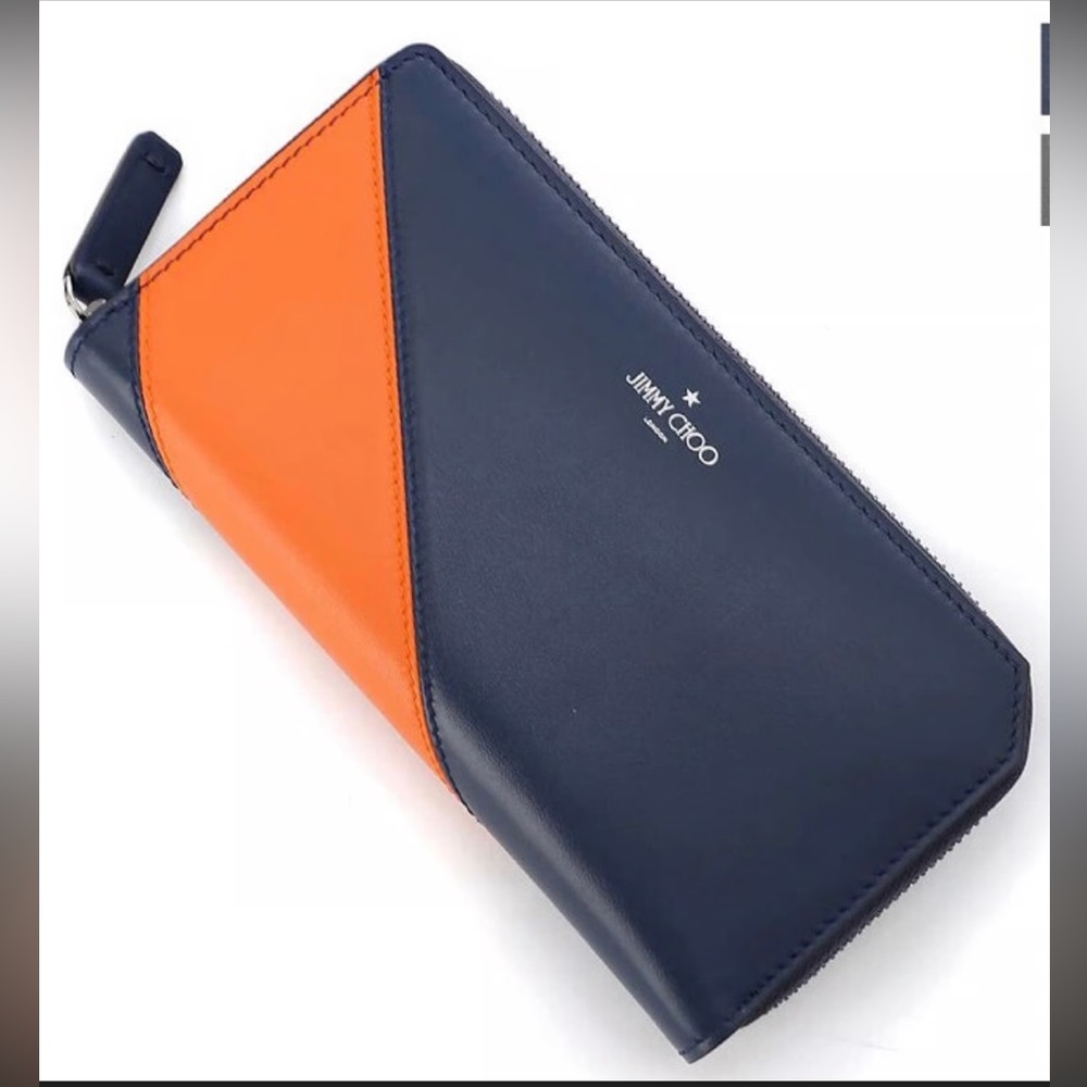 Jimmy Choo Abiko Zip-around Navy Blue/Orange Leather Continental Wallet
